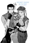  1boy 1girl armor belt beret black_belt black_gloves black_hair breasts chris_redfield commentary_request cowboy_shot dirty dirty_clothes dirty_face dog fingerless_gloves gloves greyscale hand_on_own_chin hat highres holding holding_plant jill_valentine katou_teppei medium_breasts military_hat monochrome pants plant potted_plant resident_evil resident_evil_1 saliva short_hair short_sleeves shoulder_armor sweatdrop tongue tongue_out twitter_username vest white_background 