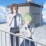  2girls 3boys aether_(genshin_impact) aged_down ahoge alternate_costume alternate_universe artist_name belt belt_buckle black_belt blonde_hair blouse blue_bow blue_bowtie blue_eyes blue_flower blue_necktie blue_skirt blue_sky blue_sweater_vest bow bowtie bracelet breast_pocket brown_eyes brown_hair brown_shoes buckle building cardigan cardigan_around_waist chinese_commentary clenched_hand closed_eyes closed_mouth clothes_around_waist cloud cloudy_sky collared_shirt commentary_request contemporary couple dainsleif_(genshin_impact) eyelashes facing_another facing_down flower genshin_impact green_hair grey_pants hair_between_eyes hair_flower hair_intakes hair_ornament hand_on_railing hand_up height_difference hetero hiding highres jewelry jitome kneeling looking_at_another lumine_(genshin_impact) multicolored_flower multiple_boys multiple_girls necktie open_mouth outdoors pants peeking_out pink_cardigan pocket railing rerir_(genshin_impact) school_rooftop school_uniform shirt shoes short_sleeves skirt sky sleeves_rolled_up socks spoken_blush sweater_vest tholindis_(genshin_impact) tile_floor tiles tongue tongue_out twitter_username twitter_x_logo white_flower white_shirt white_sleeves white_socks xiaohongshu_id yiyiyiyi670 
