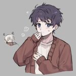  2boys akinashi_haru antenna_hair black_hair blue_eyes borrowed_clothes cropped_torso grey_background hands_up multiple_boys raised_inner_eyebrows saihate_eki simple_background solo_focus sweat tatsunami_shion upper_body zuacso 