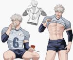  1boy abs ball blue_eyes clothes_lift evaa_(3vangel1ne) gojou_satoru gym_shorts highres jujutsu_kaisen male_focus pants playing_sports shirt shirt_lift shorts smile solo_focus sportswear volleyball volleyball_(object) volleyball_uniform white_background white_hair 