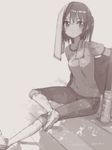  2016 arm_up artist_name bangs blush casual dappled_sunlight dated eyebrows eyebrows_visible_through_hair greyscale jacket kantai_collection koruri looking_at_viewer monochrome open_clothes open_jacket pants sendai_(kantai_collection) shirt shoes short_hair short_sleeves sitting solo stairs sunlight t-shirt tareme thermos towel towel_on_head two_side_up undressing 