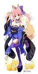  animal_ears breasts cleavage detached_sleeves fate/extra fate_(series) fox fox_ears fox_shadow_puppet fox_tail japanese_clothes kimono kurikara large_breasts pink_hair smile solo tail tamamo_(fate)_(all) tamamo_no_mae_(fate) thighhighs yellow_eyes 