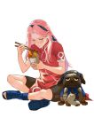  1girl animal artist_name bike_shorts bike_shorts_under_skirt black_shorts blue_hairband blue_headband blue_shoes chopsticks clothed_animal dog dress eating green_eyes hair_behind_ear hairband haruno_sakura headband highres holding holding_chopsticks indian_style instant_cup_noodles instant_noodles katsuyu_(naruto) long_hair meoowwxx naruto_(classic) naruto_(series) open-toe_shoes pakkun_(naruto) parted_bangs parted_lips pink_hair red_dress shoes short_sleeves shorts sitting slug white_background 