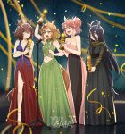  4girls agnes_tachyon_(umamusume) ahoge animal_ears bare_shoulders black_dress black_hair braid breasts brown_eyes brown_hair chemical_structure cleavage clothing_cutout collarbone commentary dantsu_flame_(umamusume) dress ear_covers earrings english_commentary green_dress hair_between_eyes hakamii half_up_braid half_up_half_down_braid highres holding holding_trophy horse_ears horse_girl horse_tail jam_(umamusume) jewelry jungle_pocket_(umamusume) large_breasts long_bangs long_hair long_hair_between_eyes long_sleeves manhattan_cafe_(umamusume) medium_hair microphone microphone_stand midriff multicolored_hair multiple_girls navel notched_ear open_mouth pink_dress red_dress red_eyes second-party_source short_hair single_earring small_breasts tail trophy umamusume umamusume:_beginning_of_a_new_era very_long_hair white_hair yellow_eyes 