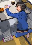  black_hair blush caught cellphone clothed_masturbation cup flying_sweatdrops food fruit hagaa highres hood hoodie kotatsu looking_at_viewer looking_back mandarin_orange masturbation mug nose_blush open_mouth phone pleated_skirt red_eyes shadow sitting skirt smartphone solo stealth_masturbation surprised table tissue_box vibrator 