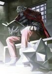  1boy animal_ears arknights book claws commentary_request cross_scar furry furry_male highres holding holding_book kuthi0510 male_focus mountain_(arknights) official_alternate_costume open_book orange_pants pants prison_cell prison_clothes scar scar_across_eye scar_on_face sitting tiger_boy tiger_ears tiger_stripes 