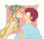  1boy 1girl absurdres aqua_hair blue_sweater border breasts brown_hair china_dress chinese_clothes double_bun dress hair_bun highres long_hair looking_at_another lum medium_breasts miyuki_(hoshikuzumiyuki) moroboshi_kirari pink_background pointy_ears print_dress short_hair sidelocks sweat sweater updo upper_body urusei_yatsura white_border wide-eyed yellow_dress 