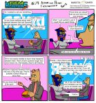 absurd_res alfonso_(gem_hunters) anthro baristagamerproductions bottomwear burger canid canine canis clothing comic denim denim_bottomwear denim_clothing dialogue dingo english_text felid feline female food hi_res jacket jeans male mammal pants phoebe_(gem_hunters) simple_background speech_bubble text topwear window wrapper