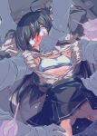 1girl asashio_(kancolle) black_hair blue_bra blue_eyes blue_panties blush bra commentary_request dress enema hetero highres kantai_collection long_hair long_sleeves lying multiple_boys narumiya_(narumiya) nose_blush on_back open_clothes paid_reward_available panties panty_pull pinafore_dress restrained shirt sleeveless sleeveless_dress solo_focus tears textless_version underwear white_shirt 