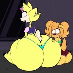 1:1 2024 4_claws anthro big_eyes big_nose biped bird_dog black_eyes black_hooves black_nose blue_clothing blue_thong blue_underwear blush blush_lines bottom_heavy bottomwear braces buckteeth butt_envy camel_toe canid canine canis carpet catrobis cheek_tuft choker claws clothed clothed_anthro clothed_female clothing countershade_face countershade_fur countershade_tail countershading digital_drawing_(artwork) digital_media_(artwork) domestic_dog dongitos duo ear_piercing ear_ring eyebrows eyelashes facial_tuft felid female female_anthro finger_claws floppy_ears freckled_face freckles fur gerry_(dongitos) golden_retriever green_clothing green_topwear hair hand_on_butt hi_res hooves hunting_dog inside jewelry larger_anthro larger_female lima_iii_(dongitos) looking_at_another looking_at_another's_butt looking_at_own_butt looking_back mammal medium_hair midriff necklace nerd nipple_outline open_mouth orange_body orange_freckles orange_fur orange_hair orange_tail pantsless_anthro pantsless_female piercing pigtails pink_choker pink_eyebrows pink_hair pink_jewelry pink_necklace pink_tongue pointy_ears prick_ears red_bottomwear red_clothing red_shorts retriever ring_piercing scut_tail shirt short_hair short_tail shorts size_difference skindentation smaller_anthro smaller_female t-shirt tail teeth thong tight_thong tight_underwear tongue topwear tube_top tuft underwear unguligrade white_piercing wide_hipped_anthro wide_hipped_female yellow_body yellow_ears yellow_fur yellow_tail yellow_tuft