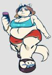 2025 anthro belly blue_clothing blue_fingernails blue_nails blue_toenails blue_topwear bottomwear bracelet breasts choker cleavage clothed clothed_anthro clothed_female clothing colored_fingernails colored_nails colored_toenails digital_drawing_(artwork) digital_media_(artwork) domestic_cat ear_piercing eyebrows eyelashes eyeshadow feet felid feline felis female female_anthro fingernails fingers front_view full-length_portrait fur green_sclera hair hi_res holding_object inner_ear_fluff jewelry kardboardian makeup mammal margarine_(silverscarf) mouth_closed nails necklace overweight overweight_anthro overweight_female piercing pink_nose portrait purple_eyeshadow red_bottomwear red_clothing red_shorts shorts simple_background sleeveless_clothing solo standing tail toenails toes topwear tuft white_body white_fur white_tail