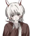 1boy animal_ears blood blood_on_face blood_on_knife brown_cardigan brown_eyes cardigan collared_shirt commentary drawn_ears drawn_whiskers dress_shirt english_commentary hand_up holding holding_knife knife male_focus rabbit_ears saihate_eki shirt short_hair simple_background solo tatsunami_shion upper_body white_background white_hair white_shirt zuacso 