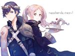  1girl blue_eyes blue_hair blush cake cape female_my_unit_(fire_emblem:_kakusei) fire_emblem fire_emblem:_kakusei food gloves happy_birthday highres hood krom long_hair mjaa my_unit_(fire_emblem:_kakusei) robe short_hair smile twintails white_background white_hair wreath 