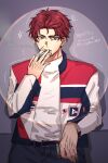  18trip 1boy belt black_jacket cigarette circle commentary_request forehead green_eyes hand_to_own_mouth highres hx_qds iwabuchi_daniel_hiroshi jacket male_focus pants red_hair red_jacket scar scar_on_face smoking sparkle turtleneck upper_body white_jacket 