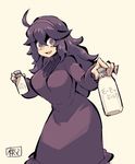  ahoge al_bhed_eyes bottle breasts chichibu_(chichichibu) dress hairband hex_maniac_(pokemon) large_breasts long_hair looking_at_viewer messy_hair milk milk_bottle open_mouth pokemon pokemon_(game) pokemon_xy purple_eyes purple_hair purple_hairband signature smile solo turtleneck 