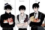  3boys :3 angel_devil_(chainsaw_man) animal animal_on_head animalization backpack bag biting_another's_clothes black_bag black_hair black_jacket black_necktie black_pants blindfold cat cat_on_head chainsaw_man character_name clenched_teeth closed_eyes collared_shirt commentary_request crossed_arms denji_(chainsaw_man) distortion earrings facial_mark fushiguro_megumi gojou_satoru grey_bag grey_eyes hair_between_eyes halo hayakawa_aki hikaru_ga_shinda_natsu holding holding_animal holding_cat holding_ice_cream_cone horns ice_cream_cone indou_hikaru itadori_yuuji jacket jewelry jujutsu_kaisen jujutsu_tech_uniform kugisaki_nobara male_focus mole mole_on_cheek mole_on_neck mole_under_eye mole_under_mouth multiple_boys necktie on_head open_mouth pants ponytail power_(chainsaw_man) red_horns red_pupils red_scarf scarf school_uniform scratches sharp_teeth shirt short_hair short_ponytail shoulder_bag suit_jacket sweatdrop teeth traditional_halo tsujinaka_yoshiki twitter_username white_shirt yamasuke040 