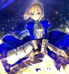  ahoge armor armored_dress artoria_pendragon_(all) blonde_hair blue_dress blue_eyes blue_ribbon dress excalibur eyebrows_visible_through_hair fate/stay_night fate_(series) gauntlets hair_ribbon holding holding_sword holding_weapon invisible_air kagachi_saku looking_at_viewer md5_mismatch ribbon saber short_hair solo standing sword weapon 