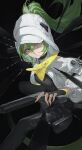  1girl absurdres arknights arknights:_endfield black_background black_bodysuit black_hoodie bodysuit commentary crocodile_girl crocodilian_tail fingerless_gloves fluorite_(arknights) gloves green_eyes green_hair gun hair_between_eyes handgun high_ponytail highres holding holding_gun holding_weapon hood hoodie long_hair ponytail sidelocks solo starshell tail weapon 