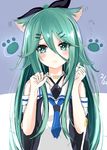  animal_ears black_bow blue_neckwear blush bow cat_day cat_ears closed_mouth commentary dated detached_sleeves green_eyes green_hair hair_between_eyes hair_bow hair_flaps hair_ornament hairclip hands_up highres kantai_collection kemonomimi_mode long_hair paw_background ria_(riarea00) school_uniform serafuku solo yamakaze_(kantai_collection) 