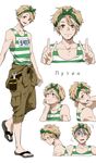  absurdres bandana blonde_hair brown_hair character_name character_sheet expressions full_body highres jumpsuit male_focus multiple_views nitsume_(keyll) personification putin russian sandals short_hair smile sweat tank_top translated turn_pale usavich v wrench 