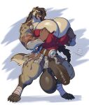 2024 4_toes absurd_res anthro armor artist_logo balls big_balls big_breasts big_penis biped boosterpang breasts clothed clothing english_text feet foot_wraps genitals gynomorph hair hi_res huge_balls huge_breasts huge_penis hyena hyper hyper_breasts intersex japanese_text logo long_hair mammal muscular muscular_anthro muscular_gynomorph muscular_intersex open_mouth paws penis pubes skimpy solo spotted_hyena tail text toes tongue tongue_out unconvincing_armor warrior wraps
