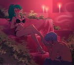  1girl blush bra bracelet candle collarbone crossed_legs earrings evayoart feet foot_worship green_hair high_heels jewelry long_hair md5_mismatch nail_polish original panties ponytail ring underwear watermark web_address 