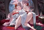  2girls absurdres ass barefoot bottle breasts choko_(cup) cloud commentary_request cup evening feet flower full_moon goddess_of_victory:_nikke grey_hair hair_flower hair_intakes hair_ornament hand_on_another's_shoulder highres hu_unmin incest indoors japanese_clothes kimono large_breasts long_hair looking_at_viewer moon mountainous_horizon multiple_girls nail_polish official_alternate_costume open_mouth panties red_flower red_rose rose rose_(nikke) sake_bottle scarlet_(black_shadow)_(longing_flower)_(nikke) scarlet_(nikke) siblings sideboob sisters smile soles toes tree underwear very_long_hair white_kimono white_panties window yuri 