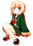  blonde_hair bow bowtie fur_trim green_eyes green_jacket green_skirt jacket kantai_collection long_sleeves looking_at_viewer open_mouth pleated_skirt red_bow red_neckwear shimushu_(kantai_collection) short_hair skirt smile solo suna_kiririto white_legwear 