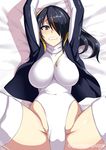  1girl bed black_hair blush breasts brown_eyes emperor_penguin_(kemono_friends) kemono_friends large_breasts leotard paparins solo spread_legs thighhighs 