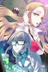  1girl black-framed_eyewear black_choker brown_hair choker coat commentary_request earrings garbodor glasses green_eyes hand_on_own_ear highres hoop_earrings ivory_(25680nico) jewelry lab_coat long_hair looking_at_viewer looking_up multiple_views oleana_(pokemon) parted_lips pokemon pokemon:_twilight_wings pokemon_(creature) pokemon_swsh red_lips red_nails red_shirt ribbed_sweater shirt slouching sweater trubbish typing white_background white_coat 