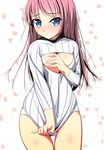  blue_eyes blush breasts cleavage closed_mouth clothes_tug commentary_request cowboy_shot embarrassed light_frown long_hair long_sleeves looking_at_viewer matsunaga_kouyou medium_breasts meme_attire nose_blush open-chest_sweater original panties pantyshot pantyshot_(standing) pink_hair ribbed_sweater shiny shiny_skin solo standing star starry_background sweater sweater_tug tareme thigh_gap thighs underwear white_panties white_sweater 