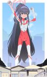  1girl arms_up ass_visible_through_thighs bags_under_eyes black_hair blue_archive blue_sky blurry blush bodysuit border building city cityscape clenched_hands closed_mouth collarbone color_timer commentary commission cosplay covered_navel crossed_bangs d: day depth_of_field english_commentary feet_out_of_frame flat_chest full-face_blush furrowed_brow giant giantess hair_between_eyes hairband halo highres house jitome legs_apart long_hair looking_at_viewer mixed-language_commentary mojyo multicolored_bodysuit open_mouth outdoors pixiv_commission ponytail power_lines purple_eyes purple_hairband railing red_bodysuit red_halo saga_inu silver_bodysuit skin_tight skinny sky solo standing steaming_body sweat sweaty_armpits sweaty_clothes tearing_up tears tokusatsu two-tone_bodysuit ui_(blue_archive) ultra_series ultraman ultraman_(1st_series) ultraman_(cosplay) very_long_hair very_sweaty white_border 