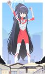  1girl arms_up ass_visible_through_thighs bags_under_eyes black_hair blue_archive blue_halo blue_sky blurry bodysuit border building city cityscape clenched_hands collarbone color_timer commentary commission cosplay covered_navel crossed_bangs d: day depth_of_field english_commentary expressionless feet_out_of_frame flat_chest giant giantess hair_between_eyes hairband halo highres house jitome legs_apart light_blush long_hair looking_at_viewer mixed-language_commentary mojyo multicolored_bodysuit open_mouth outdoors pixiv_commission ponytail power_lines purple_eyes purple_hairband railing red_bodysuit saga_inu silver_bodysuit skin_tight skinny sky solo standing tokusatsu two-tone_bodysuit ui_(blue_archive) ultra_series ultraman ultraman_(1st_series) ultraman_(cosplay) very_long_hair white_border 