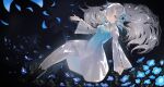  1girl absurdres black_boots black_pantyhose blue_dress blue_flower blue_petals boots commentary dress floating_hair flower gradient_clothes gradient_dress grey_eyes hair_flower hair_ornament hair_over_one_eye highres isekaijoucho kamitsubaki_studio long_hair long_sleeves looking_at_viewer nanami_alice nemophila_(flower) pantyhose petals shrug_(clothing) solo virtual_youtuber white_dress white_hair white_shrug wide_sleeves 