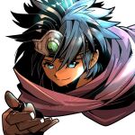  1boy black_hair blue_eyes brown_gloves circle cloak closed_mouth d_d_work dragon_quest dragon_quest_iii forehead_protector gem gloves green_gem hair_between_eyes hero_(dq3) highres male_focus outstretched_hand red_cloak smile solo spiked_hair upper_body white_background 