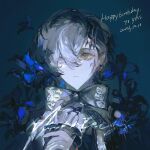  1boy aqua_background black_bow black_bowtie black_hair black_shirt blue_flower bow bowtie character_request copyright_request dated earrings english_text eyelashes flower grey_eyes hair_between_eyes hair_ornament hand_on_own_wrist happy_birthday heterochromia highres jewelry long_sleeves male_focus multicolored_hair scar scar_on_face shirt short_hair sleeves_past_wrists solo two-tone_hair white_hair yellow_eyes zhichitianshi 