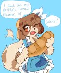 2020 accessory anthro apron arm_tuft biped bird_dog blue_apron blue_background blue_clothing blue_topwear blush blush_lines bread_loaf breasts brown-ears brown_eyes brown_hair brown_nose brown_tail canid canine canis cavalier_king_charles_spaniel cheek_tuft cleavage clothed clothing dialogue digital_drawing_(artwork) digital_media_(artwork) domestic_dog elbow_tuft elka_(fiddleafox) english_text exclamation_point facial_tuft fangs female female_anthro fiddleafox floppy_ears fluffy fluffy_tail food hair hair_accessory hair_ribbon head_tuft heart_symbol hi_res holding_bread holding_food holding_object hunting_dog looking_at_viewer lop_ears mammal motion_lines multicolored_body one_eye_closed open_mouth portrait ribbons shaded simple_background solo spaniel speech_bubble tail tail_motion tail_tuft tailwag teeth text tongue topwear toy_dog tuft two_tone_body white_clothing white_ribbon white_topwear wink winking_at_viewer