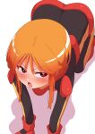  1girl absurdres all_fours blush boots gloves gundam gundam_zz highres looking_at_viewer mecha_pilot_suit military_uniform neo_zeon normal_suit_(gundam) onimaru_(onimal7802) open_mouth orange_hair puru_two red_boots red_gloves science_fiction short_hair sideways_glance solo white_background 