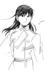  1girl amestris_military_uniform black_eyes black_hair blackfoxes eyebrows_visible_through_hair floating_hair frown fullmetal_alchemist genderswap genderswap_(mtf) highres long_hair looking_away military military_uniform monochrome roy_mustang serious simple_background solo standing uniform upper_body v-shaped_eyebrows white_background 