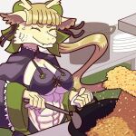 1:1 2_horns abs anthro appliance big_breasts bikini breasts cleavage clothed clothing cooking dragon eastern_dragon eyes_closed female food fried_rice fur furred_scalie hair hair_bun horn kitchen kitchen_appliance kitchen_counter kitchen_utensils muscular mythological_creature mythological_scalie mythology rice scalie smile solo swimwear tools tsukareta-inu_no_anime two-piece_swimsuit wok