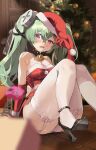  1girl absurdres bags_under_eyes bare_shoulders bell black_shoes breasts christmas christmas_tree cleavage commentary_request corin_wickes cuffs dress elbow_gloves foot_out_of_frame gloves green_hair gruneko_0 hair_between_eyes hat high_heels highres jack-in-the-box long_hair neck_bell panties purple_eyes red_dress red_gloves santa_hat screw_hair_ornament shoes strapless strapless_dress stuffed_animal stuffed_toy sweatdrop teddy_bear thighhighs thighs twintails underwear white_panties white_thighhighs zenless_zone_zero 
