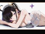  1girl ahoge areola_slip armpit_crease bare_arms bare_shoulders black_hair breasts chitose_(stella_sora) cleavage covered_nipples danraz0r dress four-pointed_star hair_ornament heart heart_hair_ornament highres long_hair looking_at_viewer lying medium_breasts mole mole_under_eye multicolored_hair on_side one_side_up parted_lips purple_eyes purple_hair see-through_clothes see-through_dress sidelocks simple_background sleeveless sleeveless_dress solo spaghetti_strap stella_sora thighs two-tone_hair very_long_hair white_background white_dress 