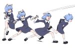  1girl :3 animal_ear_fluff animal_ears black_eyes black_shoes blue_hair cat_ears cat_girl closed_mouth commentary dress english_commentary full_body hammer highres holding holding_hammer multiple_views open_mouth original sequential shoes short_hair simple_background smile socks sweetbreadyay throwing white_background white_socks 