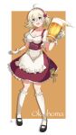  1girl :d absurdres ahoge alternate_costume apron azur_lane beer_mug black_shoes blue_eyes breasts brown_background character_name cleavage commentary_request cup dirndl dress frilled_dress frilled_socks frills full_body german_clothes gloves hairband highres looking_at_viewer mary_janes medium_breasts medium_hair mug oklahoma_(azur_lane) open_mouth rakuza_(ziware30) red_dress red_hairband shoes short_hair smile socks solo two-tone_background waist_apron white_background white_gloves white_socks 