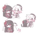  2girls ^^^ animalization beret black_cat black_hair cat chibi chibi_only closed_eyes closed_mouth crown dog fang flower hair_flower hair_ornament hat highres jitome long_hair long_sleeves looking_to_the_side mahou_shoujo_no_majo_saiban multicolored_hair multiple_girls multiple_views necktie nikaido_hiro one_eye_closed open_mouth person_and_animalization pink_eyes red_eyes red_flower red_necktie sakuraba_ema scratching_cheek short_hair simple_background sitting smile tsu_(21uwu_) white_background white_dog white_hair 