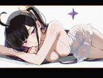  1girl absurdres ahoge areola_slip armpit_crease bare_arms bare_shoulders black_hair breasts chitose_(stella_sora) cleavage covered_nipples danraz0r dress four-pointed_star hair_ornament heart heart_hair_ornament highres long_hair looking_at_viewer lying medium_breasts mole mole_under_eye multicolored_hair on_side one_side_up parted_lips purple_eyes purple_hair see-through_clothes see-through_dress sidelocks simple_background sleeveless sleeveless_dress solo spaghetti_strap stella_sora thighs two-tone_hair very_long_hair white_background white_dress 