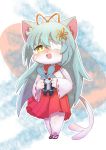 1girl brown_eyes cat eye_patch furry gunsoniko japanese_clothes miko open_mouth solo teal_hair 