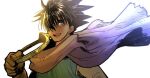  1boy black_hair blue_eyes brown_gloves brown_shoes circle cloak d_d_work dragon_quest dragon_quest_iii gloves green_tunic hair_over_one_eye hero_(dq3) holding holding_unworn_clothes male_focus open_mouth purple_cloak shoes short_hair smile solo spiked_hair tunic upper_body white_background 