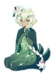  1girl cape cookie_run cookie_run:_kingdom dress flower gloves green_cape green_dress green_gloves hair_between_eyes hair_flower hair_ornament hashtag-only_commentary highres kneeling long_braid looking_at_viewer simple_background solo sumooo_(ga_ilil) white_background white_flower white_lily_cookie 