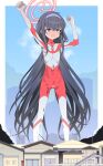  1girl arms_up ass_visible_through_thighs bags_under_eyes black_hair blue_archive blue_sky blurry blush bodysuit border building city cityscape clenched_hands closed_mouth collarbone color_timer commentary commission cosplay covered_navel crossed_bangs d: day depth_of_field english_commentary feet_out_of_frame flat_chest full-face_blush furrowed_brow giant giantess hair_between_eyes hairband halo highres house jitome legs_apart long_hair looking_at_viewer mixed-language_commentary mojyo multicolored_bodysuit open_mouth outdoors pixiv_commission ponytail power_lines purple_eyes purple_hairband railing red_bodysuit red_halo saga_inu silver_bodysuit skin_tight skinny sky solo standing steaming_body sweat sweaty_armpits sweaty_clothes tearing_up tears tokusatsu two-tone_bodysuit ui_(blue_archive) ultra_series ultraman ultraman_(1st_series) ultraman_(cosplay) very_long_hair very_sweaty white_border 